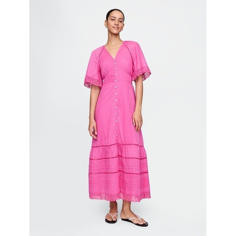 New Gap‎ Midi Dress Medium Short Sleeve Button Front Pink Lacy Tiered Coquette